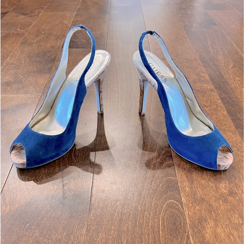 GUESS Navy Suede Slingback Peep Toe Cork Heels, Size 8